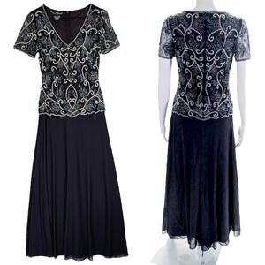 Pisarro Nights Beaded Overlay Evening Maxi Dress Gown Size 2 Blue Elegant Classy